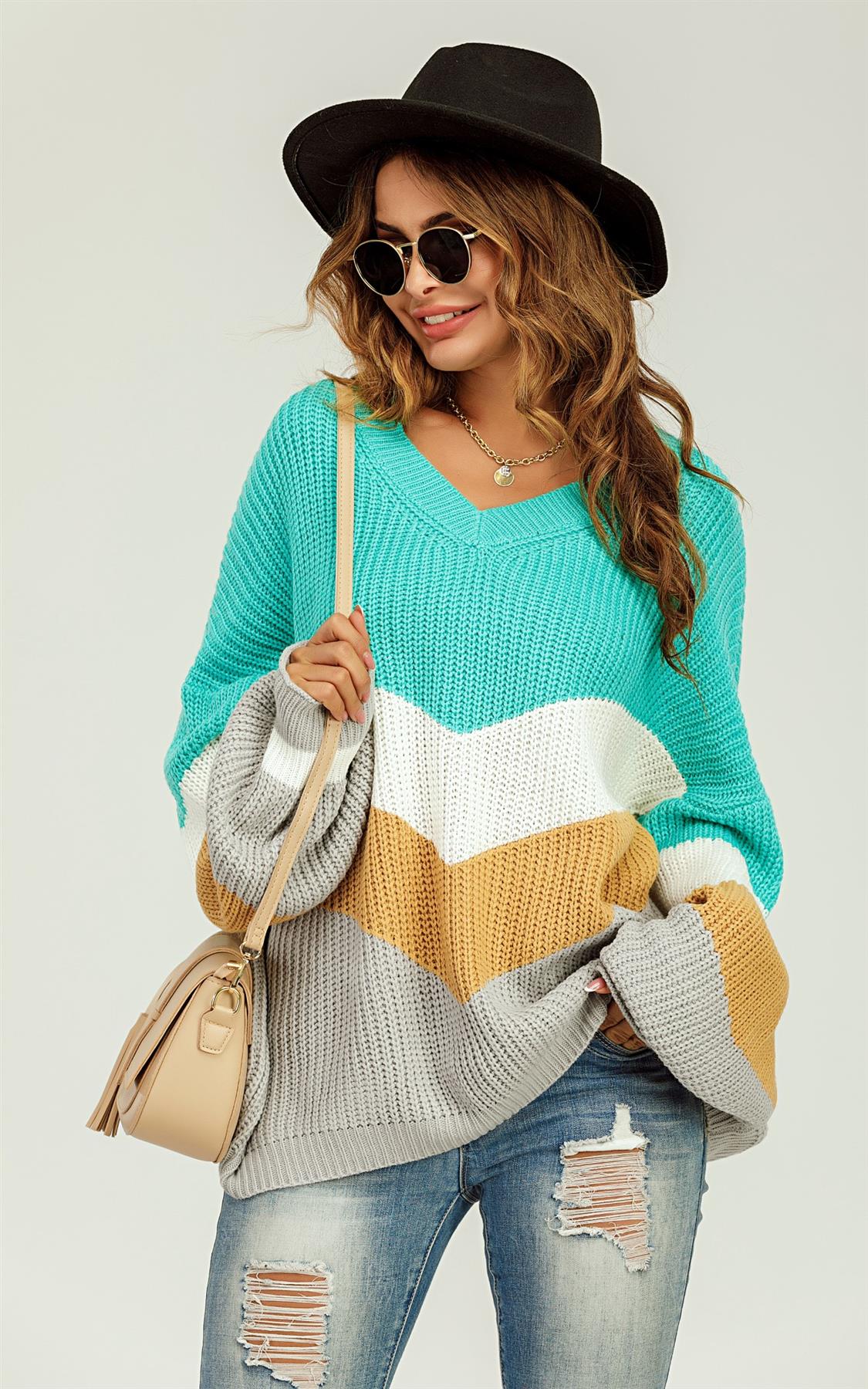 Blue & Grey Colour Block Jumper White & Golden Striped Long Sleeve Top - AXON
