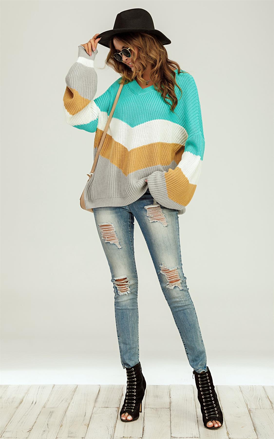 Blue & Grey Colour Block Jumper White & Golden Striped Long Sleeve Top - AXON