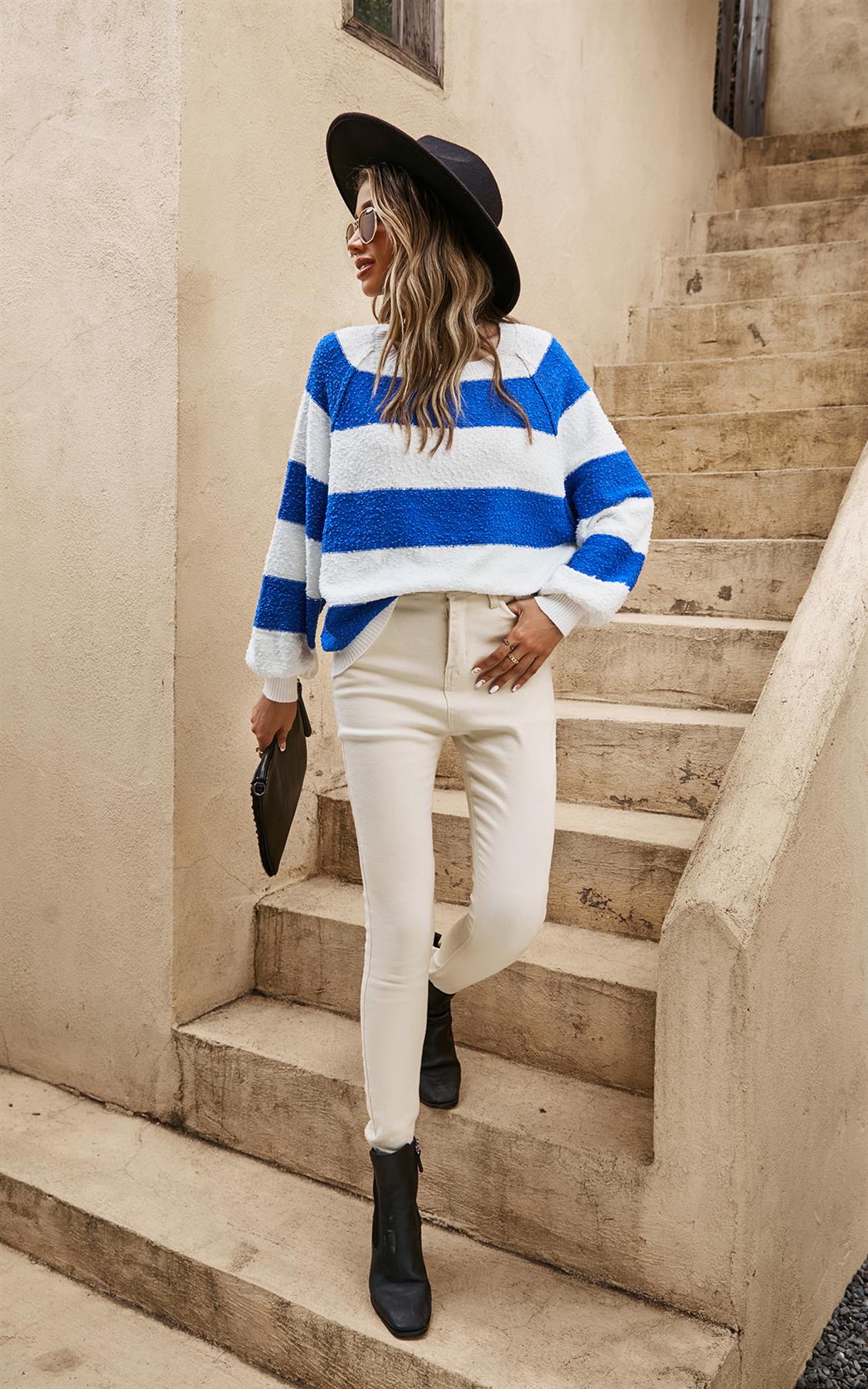 Blue Stripe Relaxed Knit Jumper Top In White - AXON
