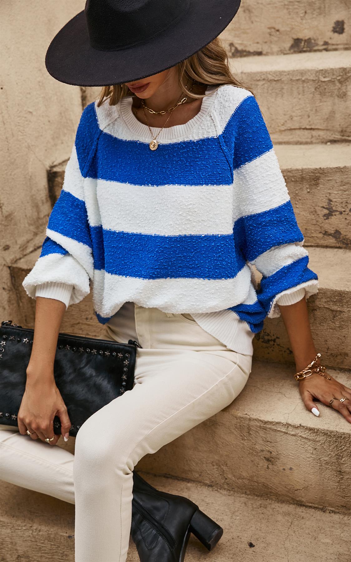 Blue Stripe Relaxed Knit Jumper Top In White - AXON