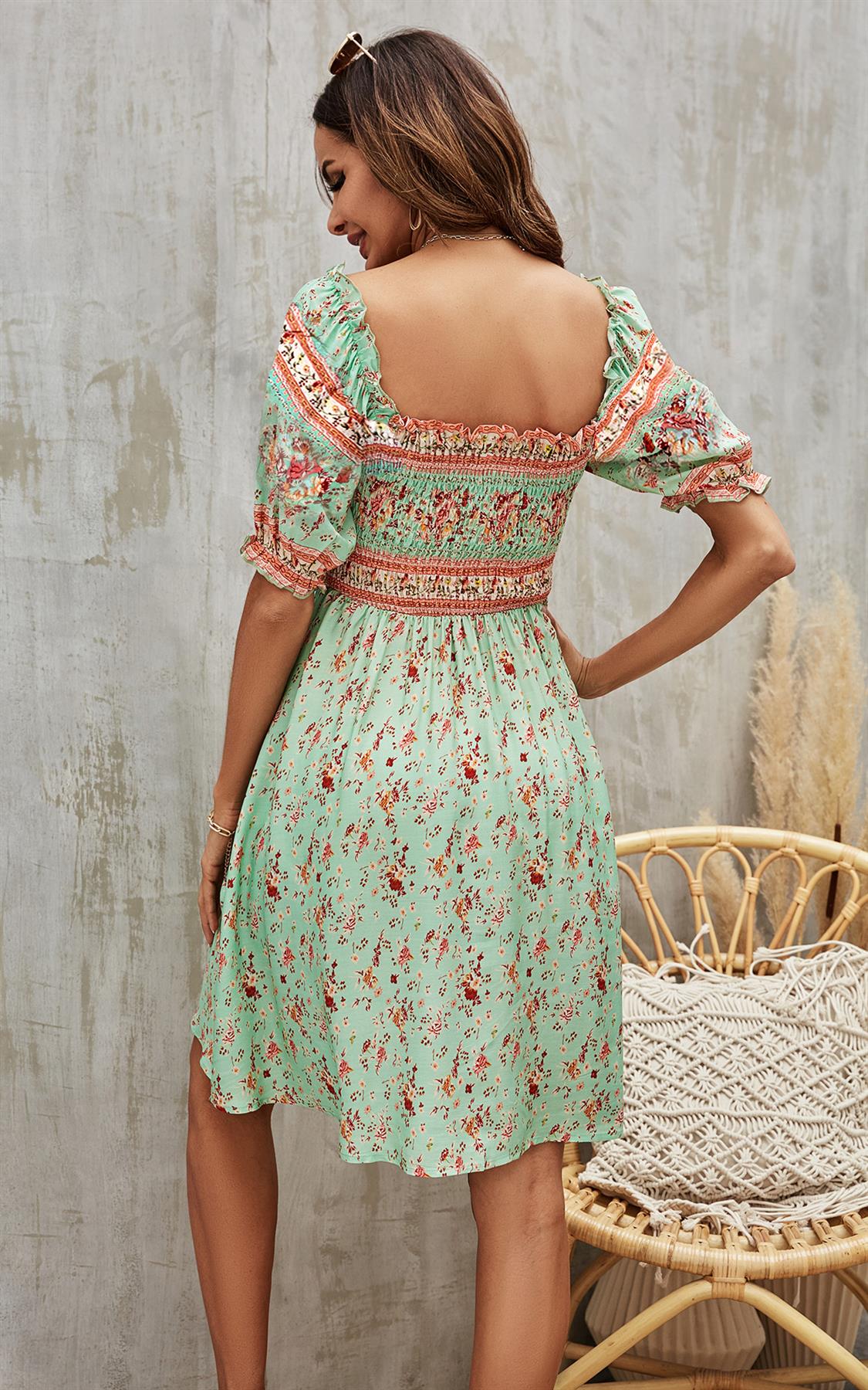 Boho Mini Dress With Pink Floral Print In Mint Green - AXON