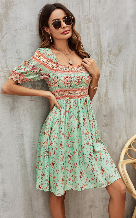 Boho Mini Dress With Pink Floral Print In Mint Green - AXON