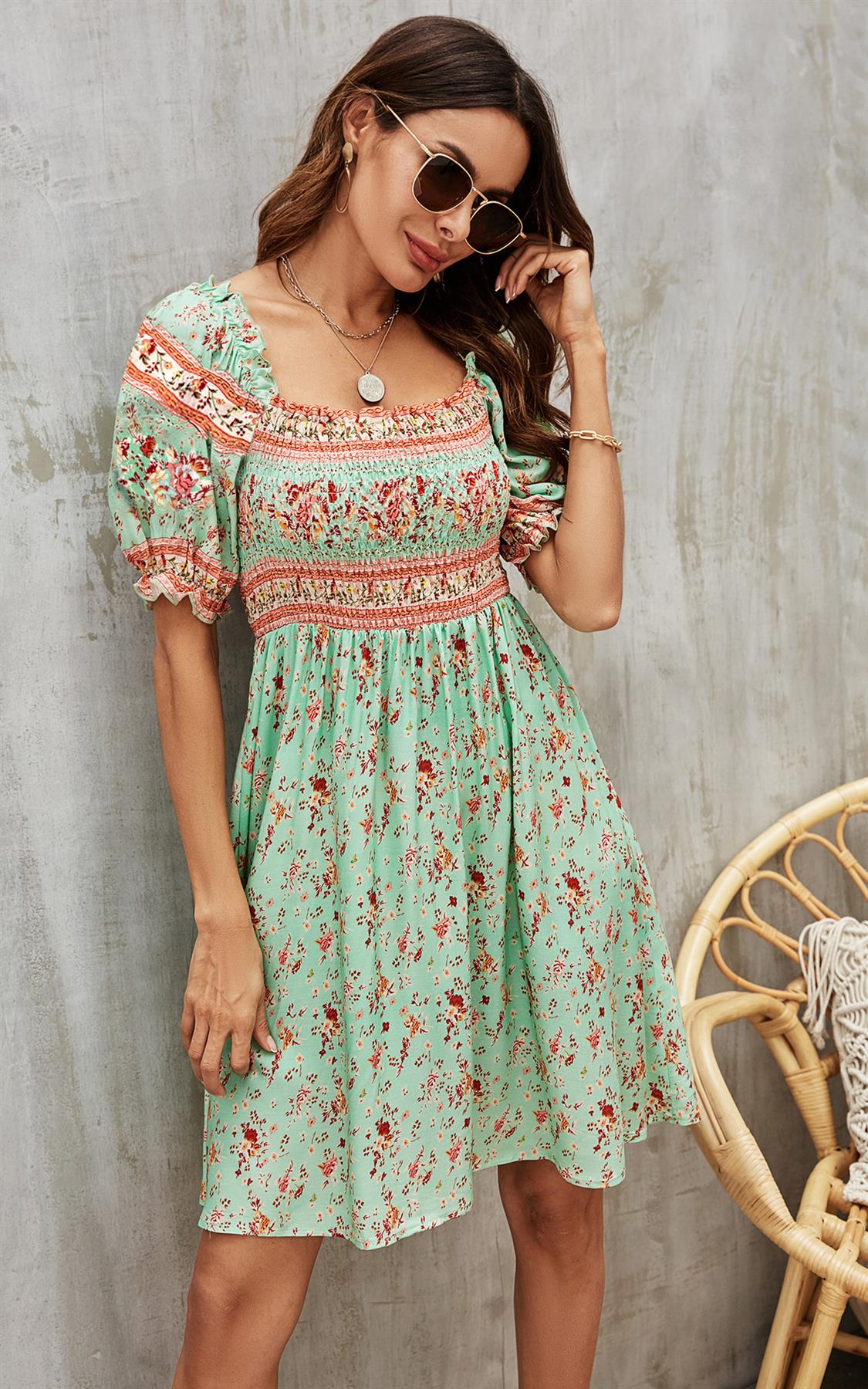 Boho Mini Dress With Pink Floral Print In Mint Green - AXON