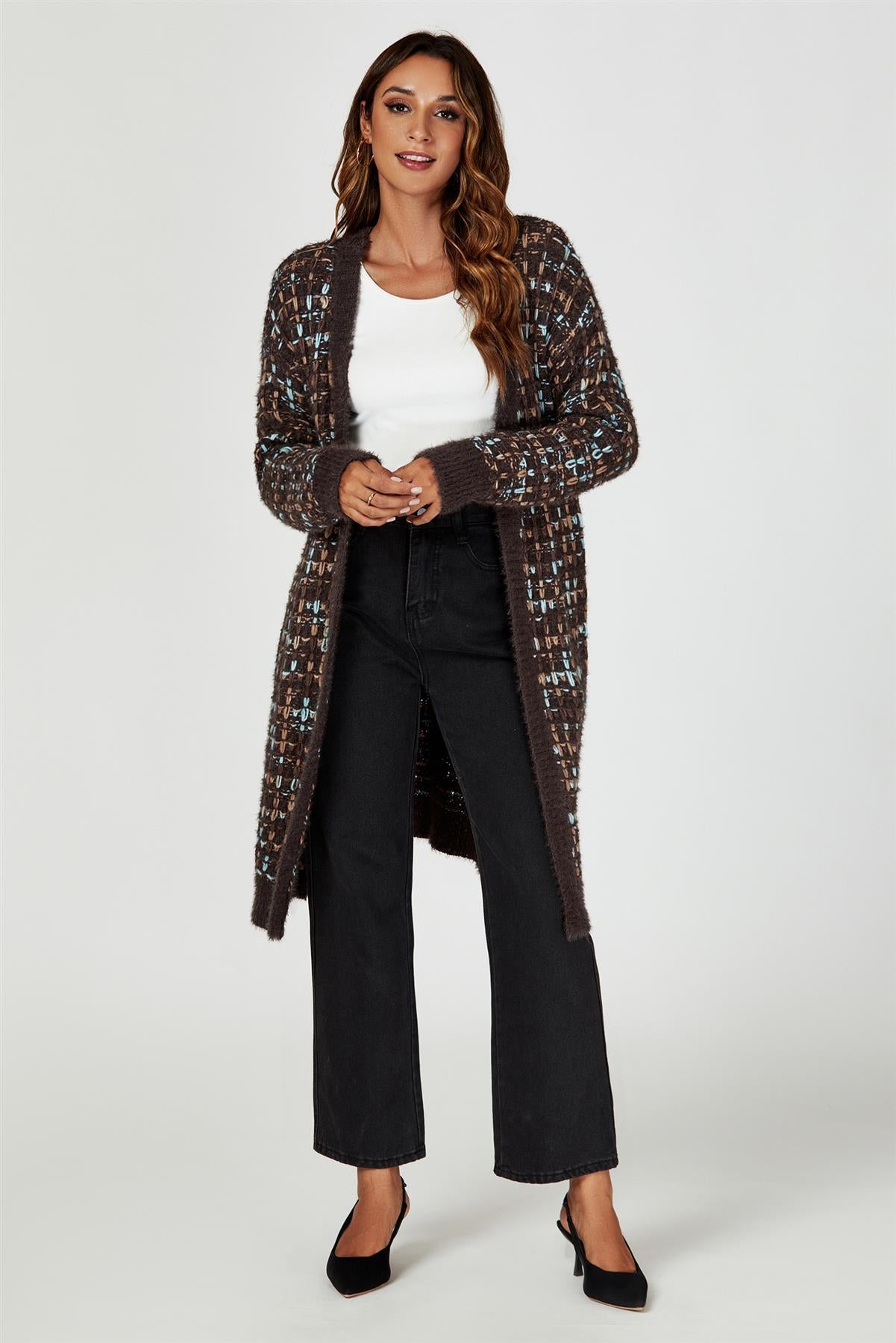 Boucle Check Cardigan In Brown With Multicolour Speckles - AXON