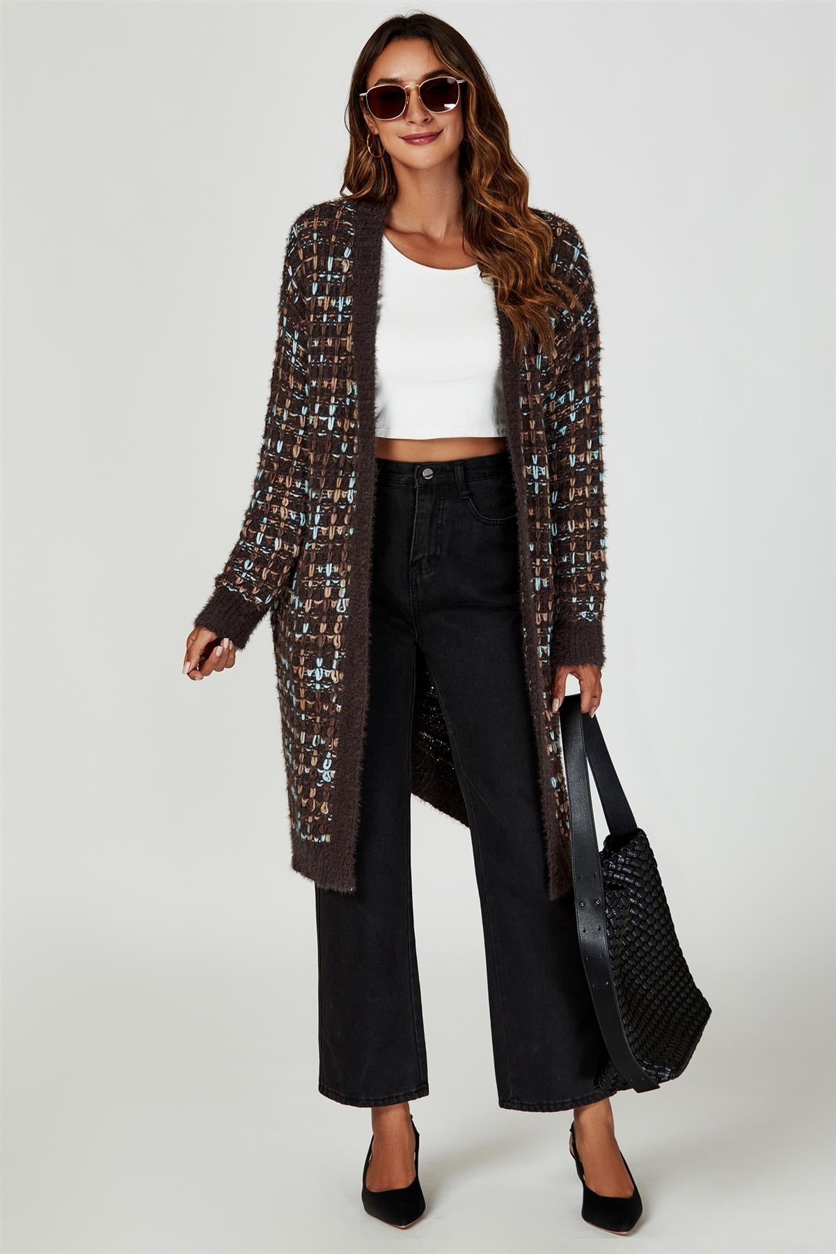 Boucle Check Cardigan In Brown With Multicolour Speckles - AXON