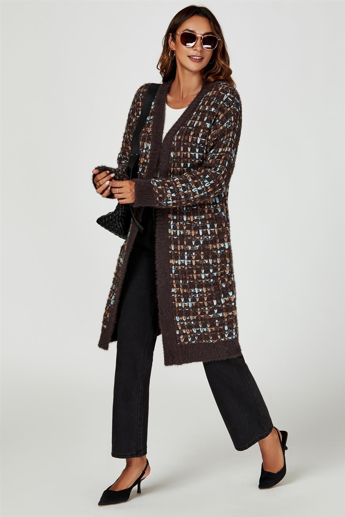 Boucle Check Cardigan In Brown With Multicolour Speckles - AXON