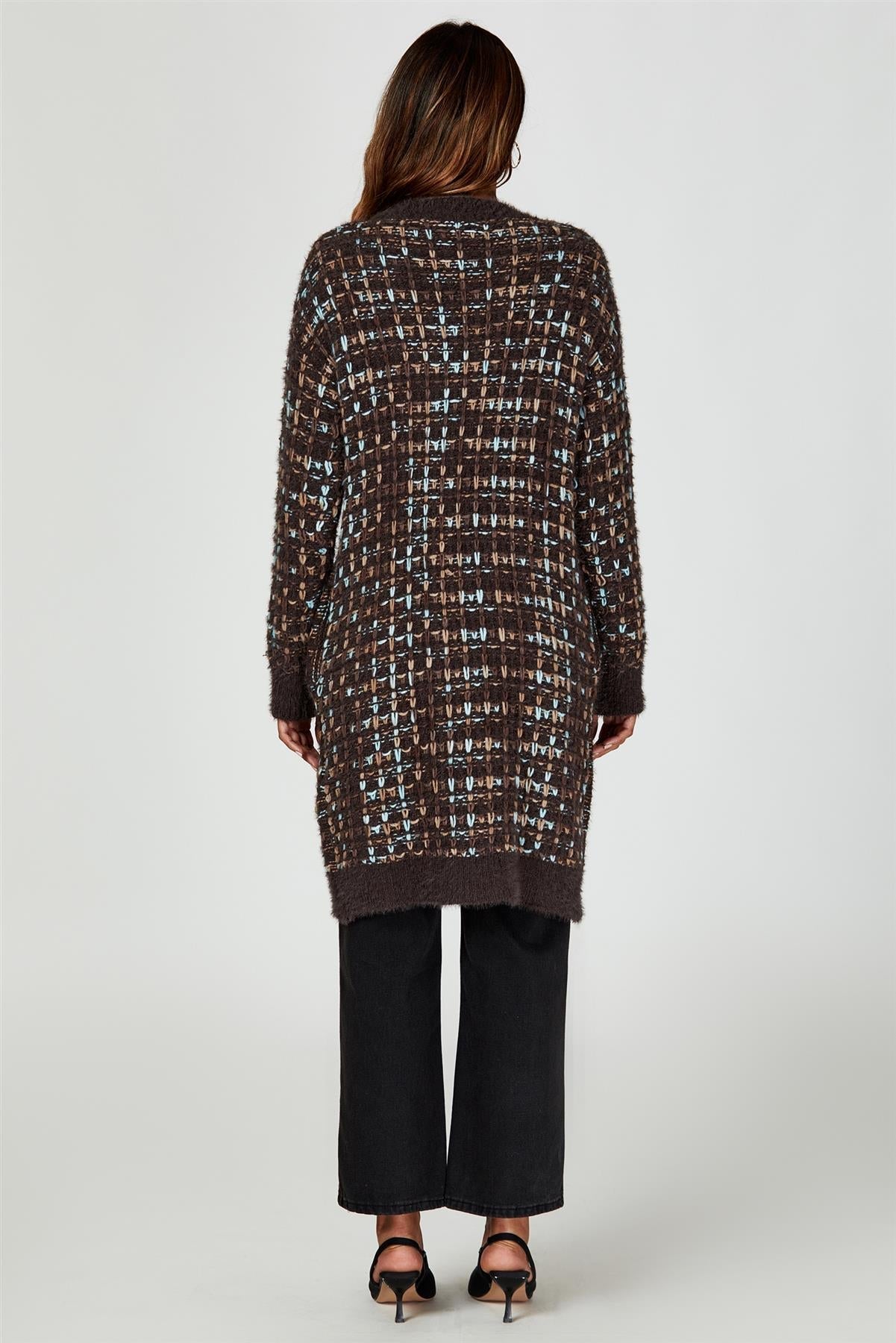 Boucle Check Cardigan In Brown With Multicolour Speckles - AXON