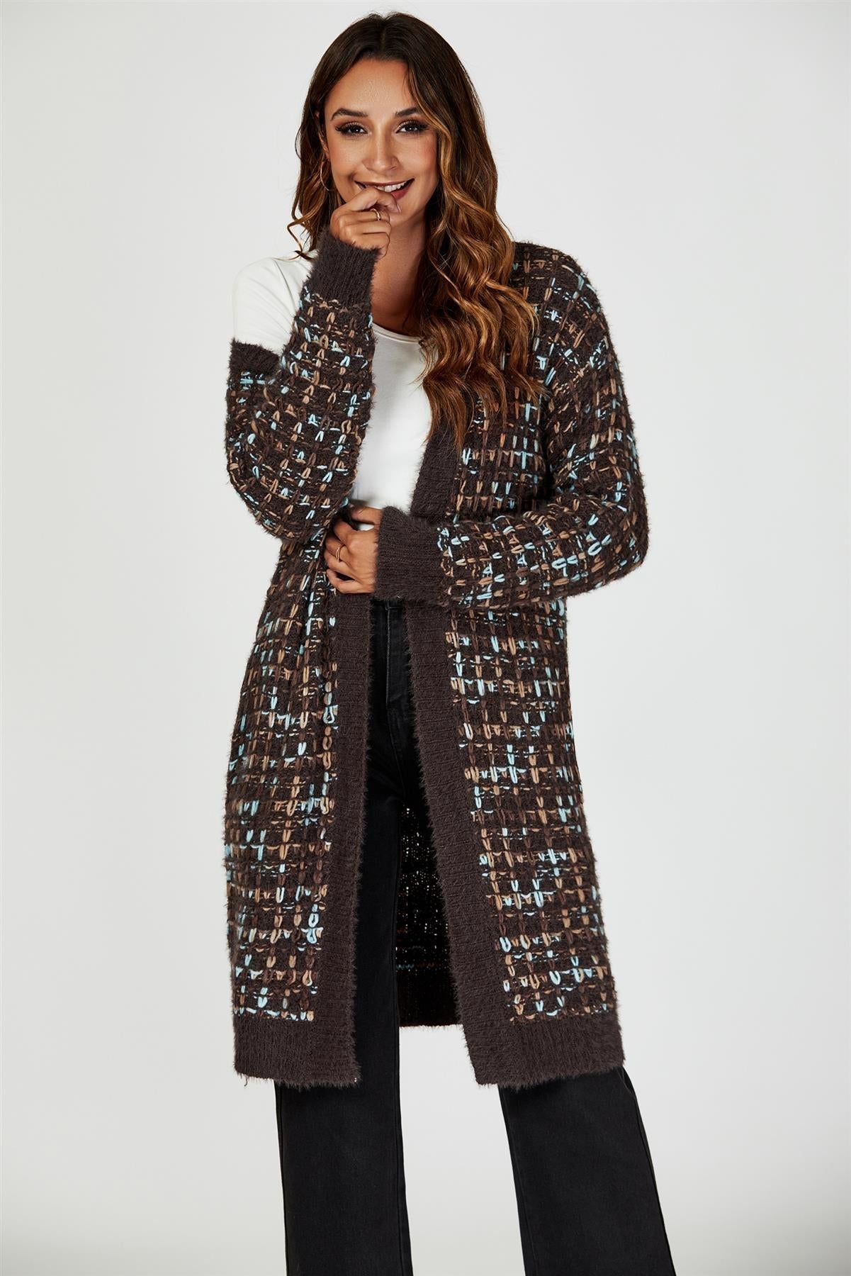 Boucle Check Cardigan In Brown With Multicolour Speckles - AXON