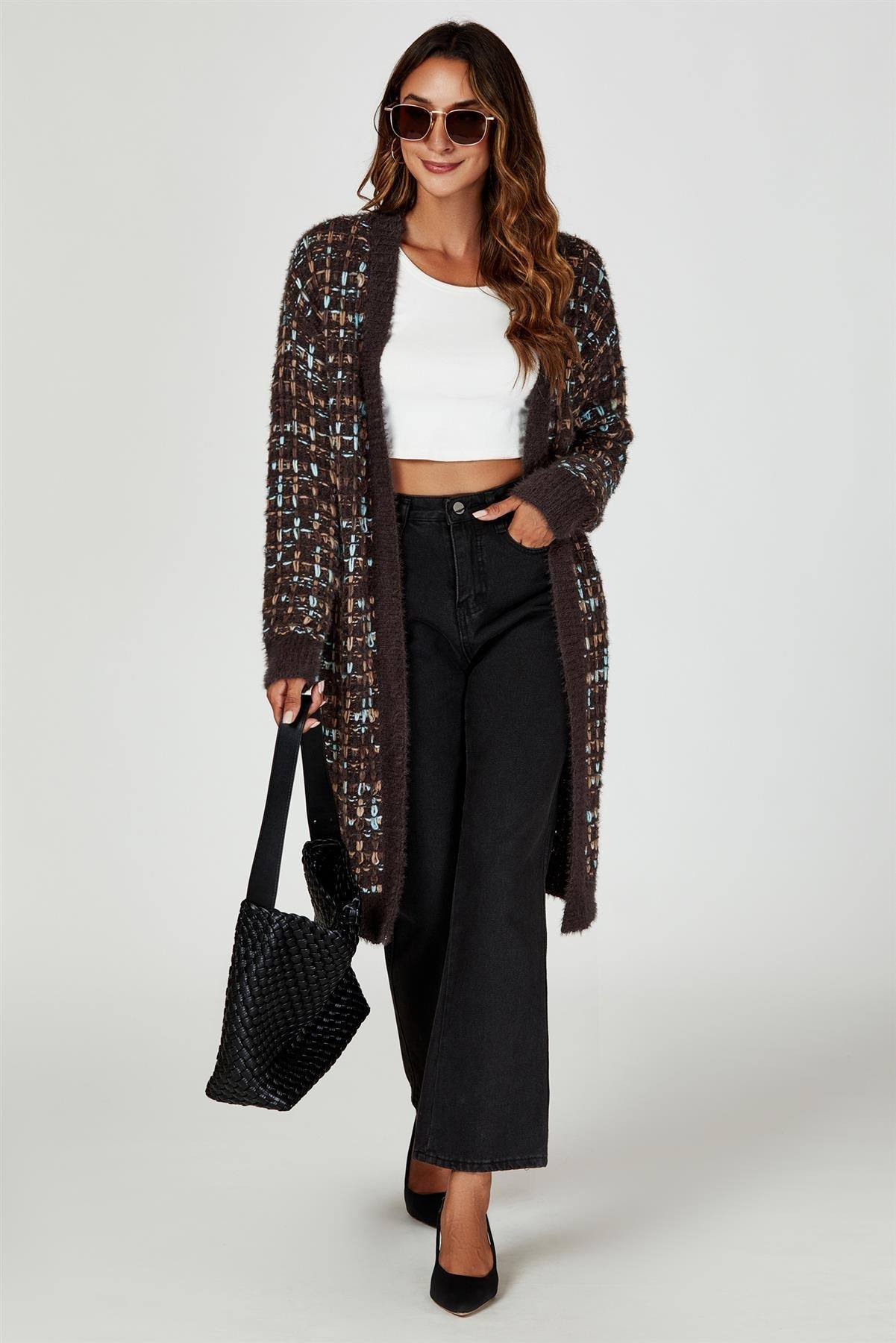 Boucle Check Cardigan In Brown With Multicolour Speckles - AXON