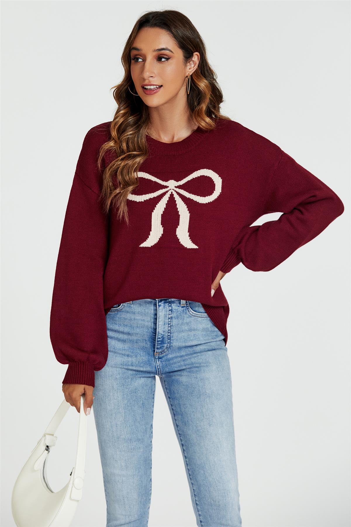 Bow Pattern Jumper Top In Wine - AXON