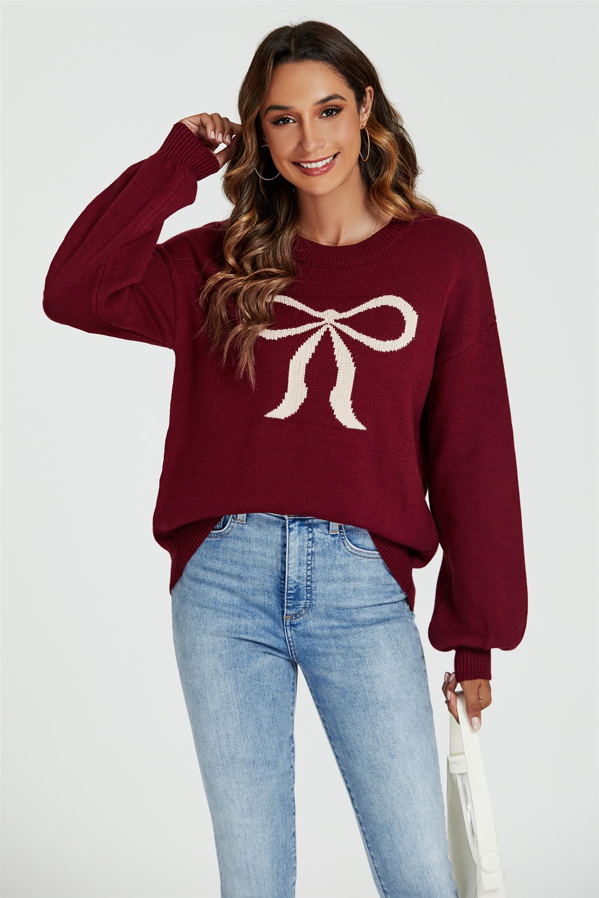 Bow Pattern Jumper Top In Wine - AXON