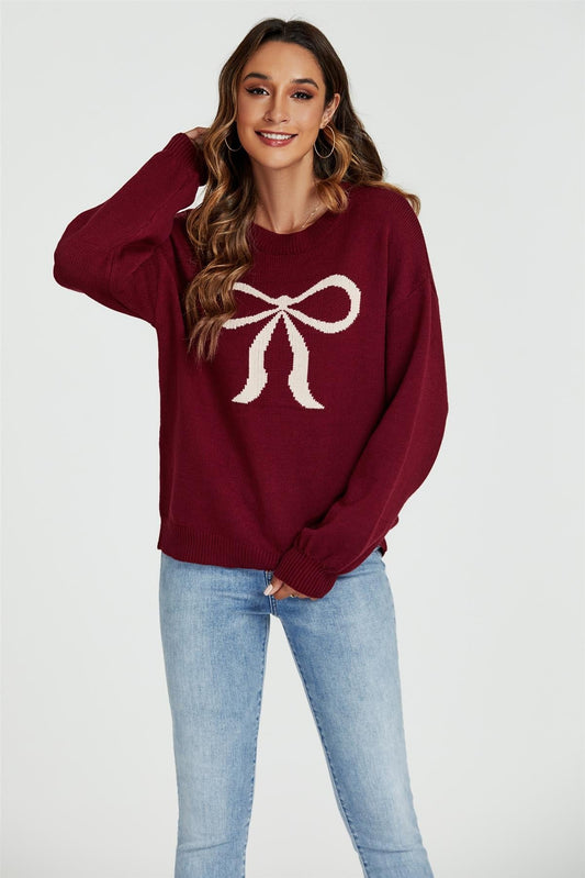 Bow Pattern Jumper Top In Wine - AXON