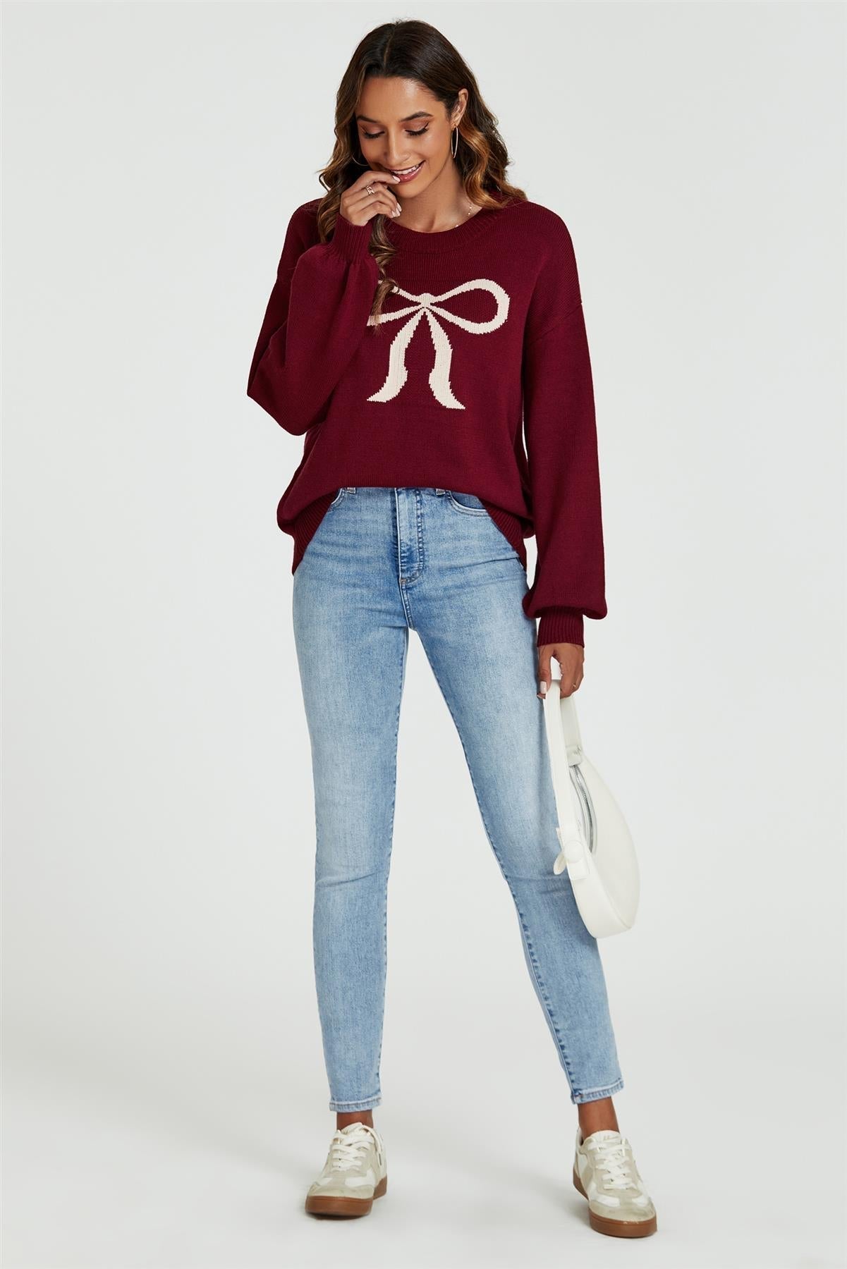 Bow Pattern Jumper Top In Wine - AXON