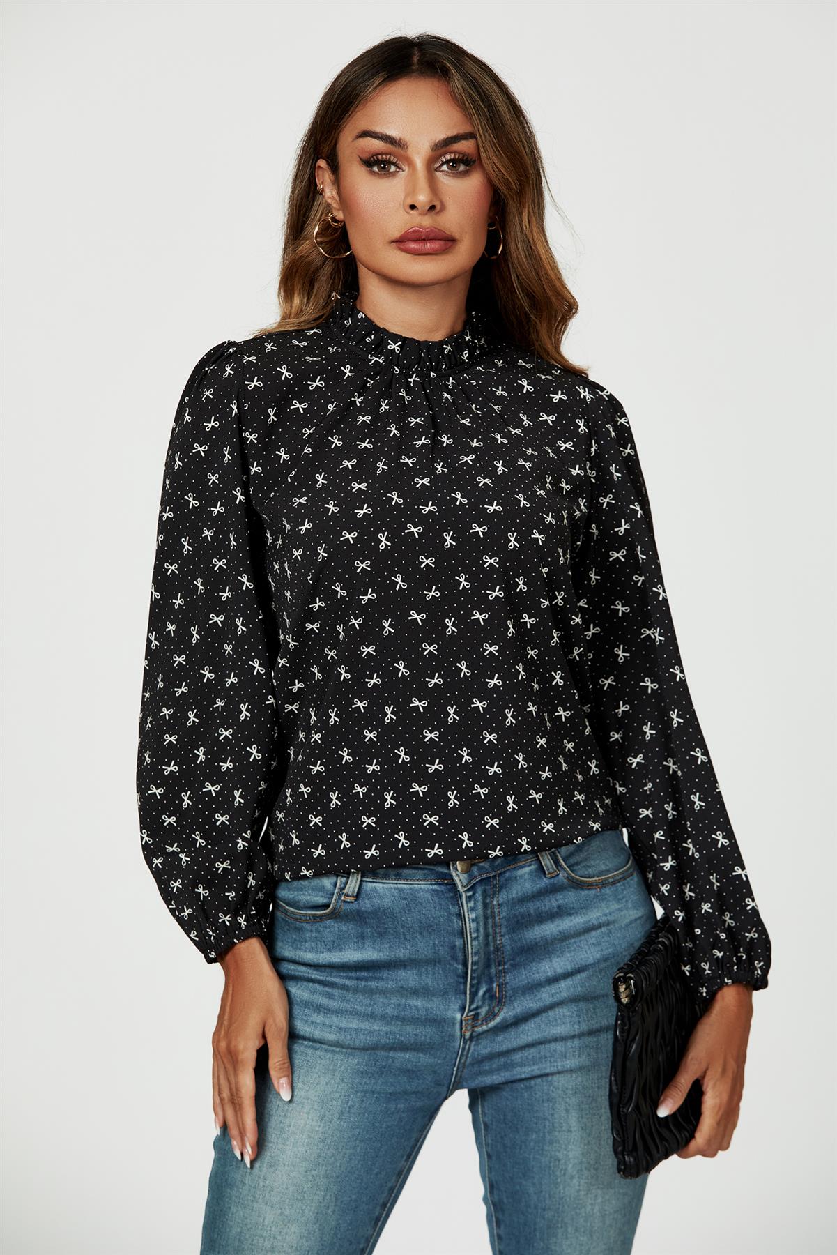 Bow Print Frill Detail High Neck Top In Black - AXON