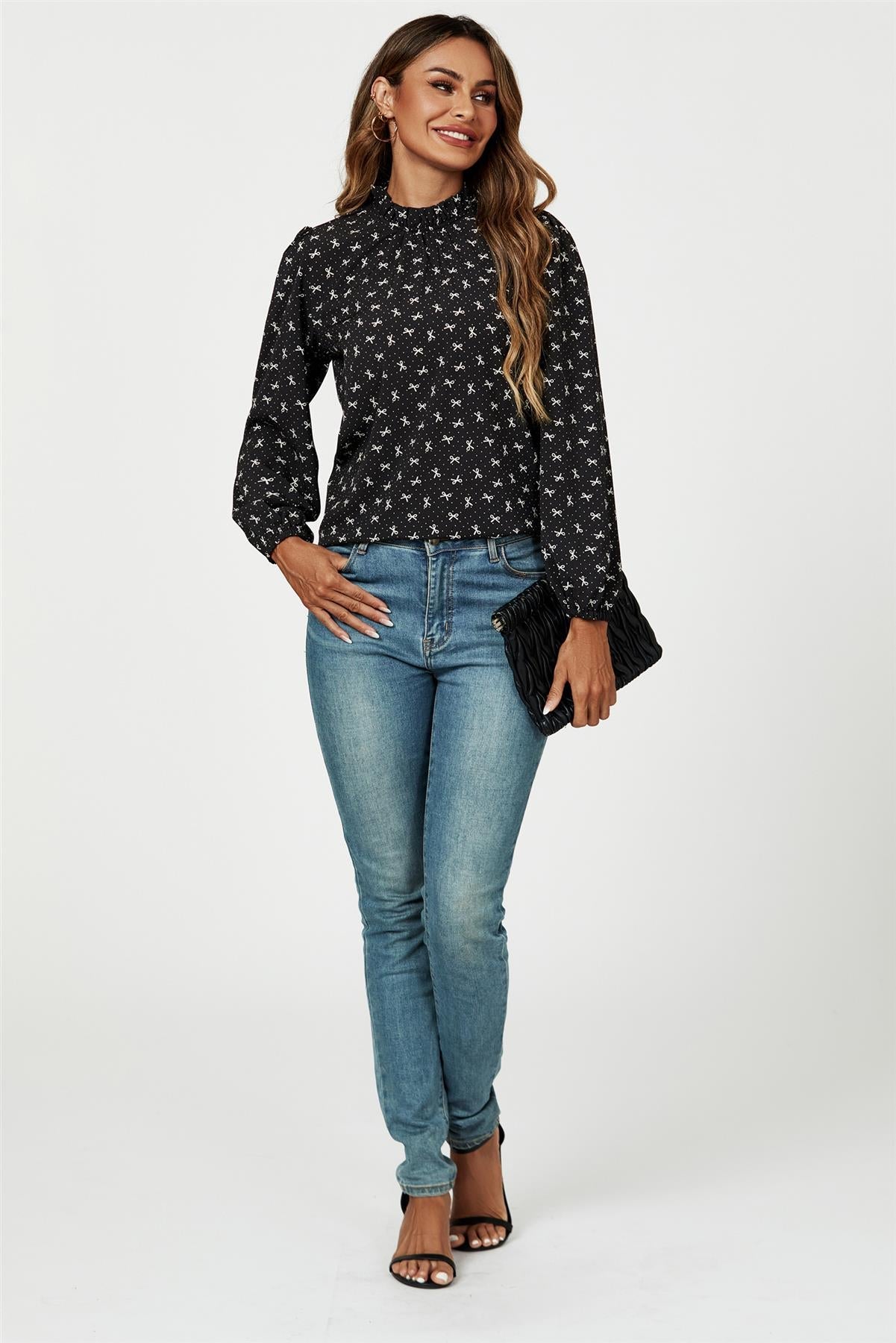 Bow Print Frill Detail High Neck Top In Black - AXON