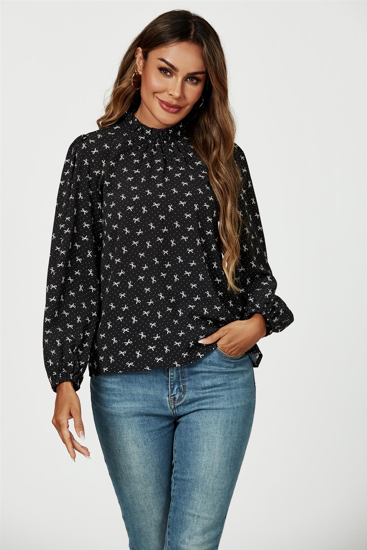 Bow Print Frill Detail High Neck Top In Black - AXON