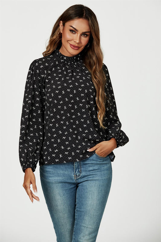 Bow Print Frill Detail High Neck Top In Black - AXON
