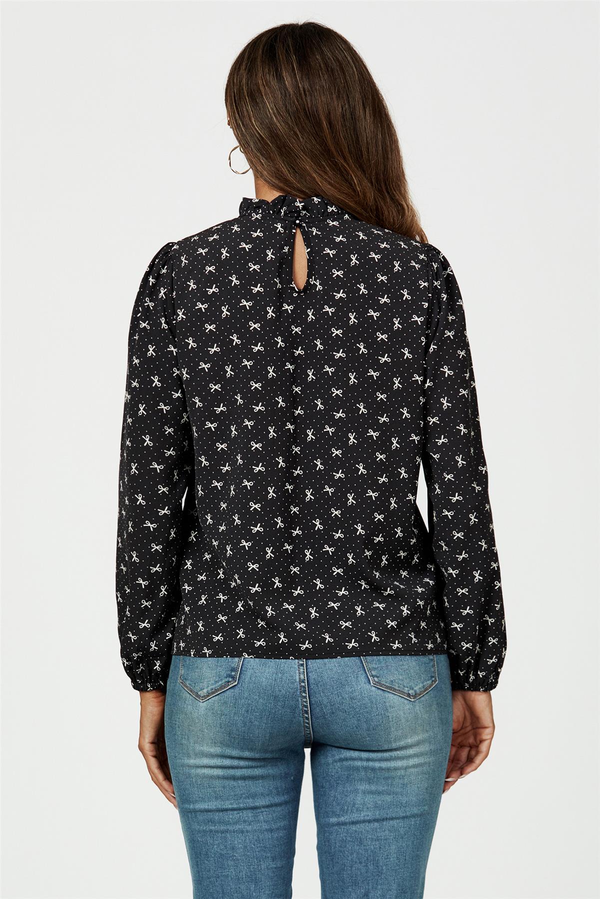Bow Print Frill Detail High Neck Top In Black - AXON