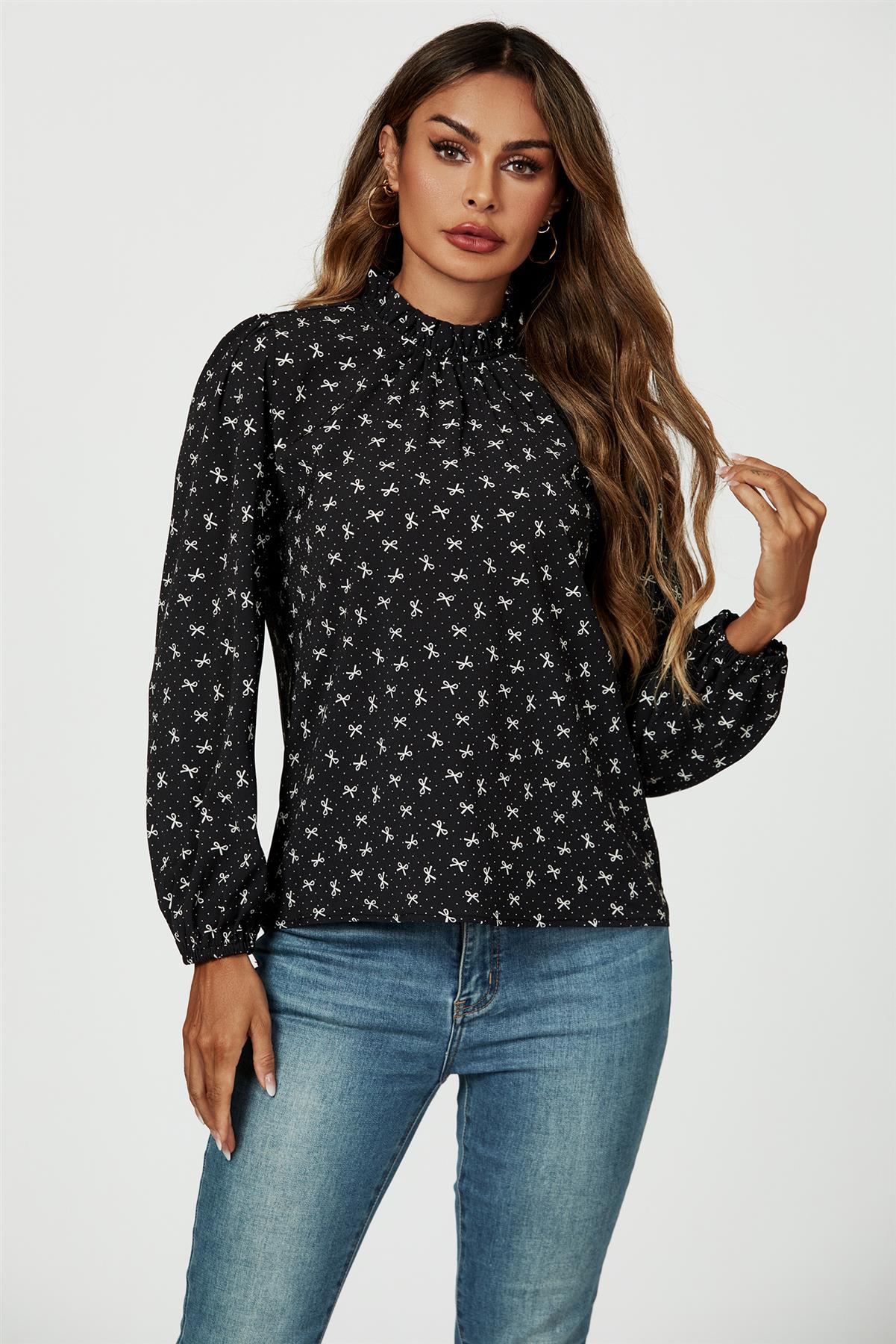 Bow Print Frill Detail High Neck Top In Black - AXON