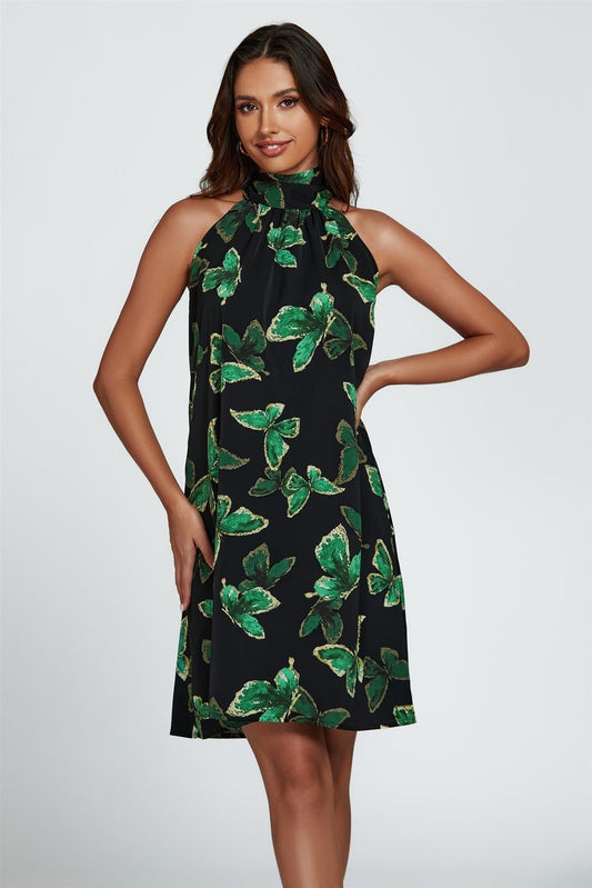 Butterfly Print Halter Neck Tie Back Mini Dress In Green - AXON