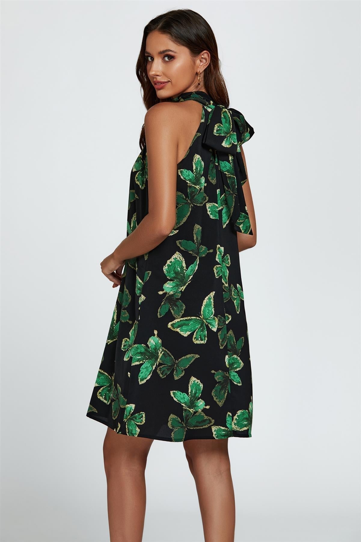 Butterfly Print Halter Neck Tie Back Mini Dress In Green - AXON
