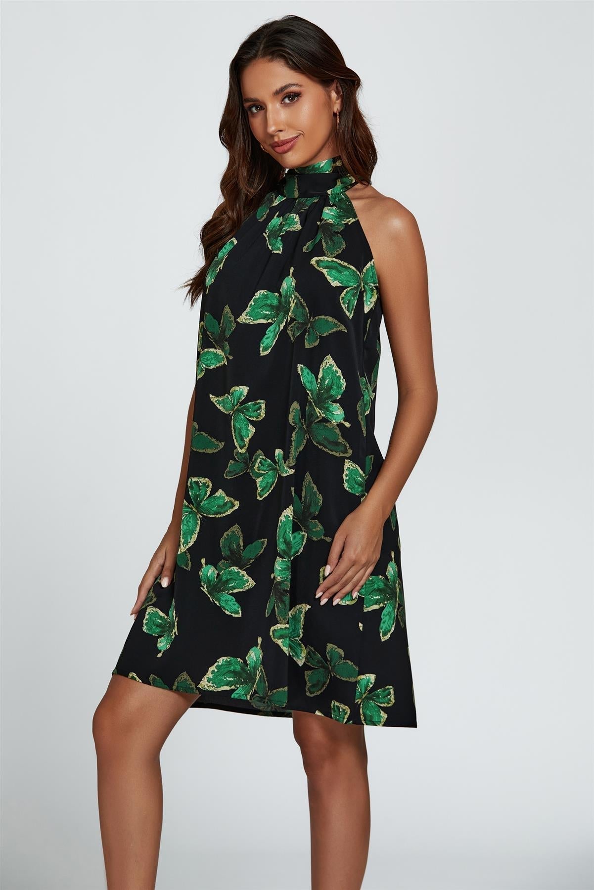 Butterfly Print Halter Neck Tie Back Mini Dress In Green - AXON