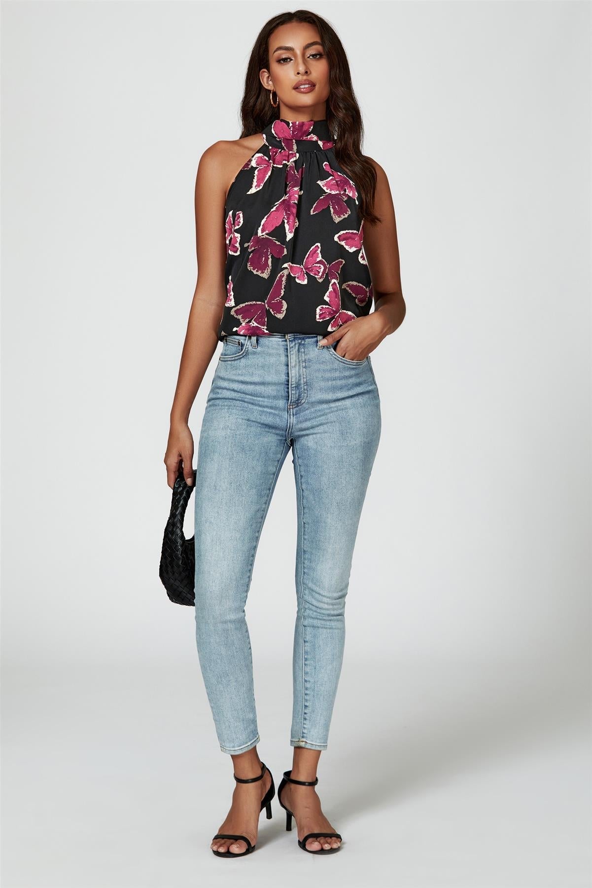 Butterfly Print Halter Neck Tie Back Top In Black - AXON