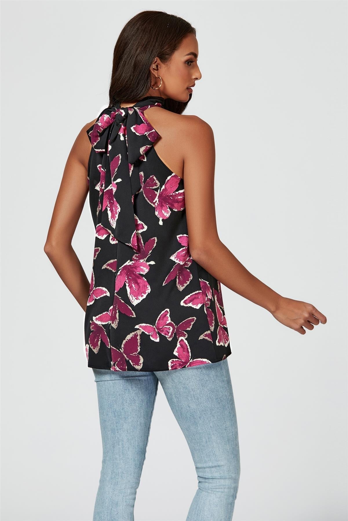 Butterfly Print Halter Neck Tie Back Top In Black - AXON