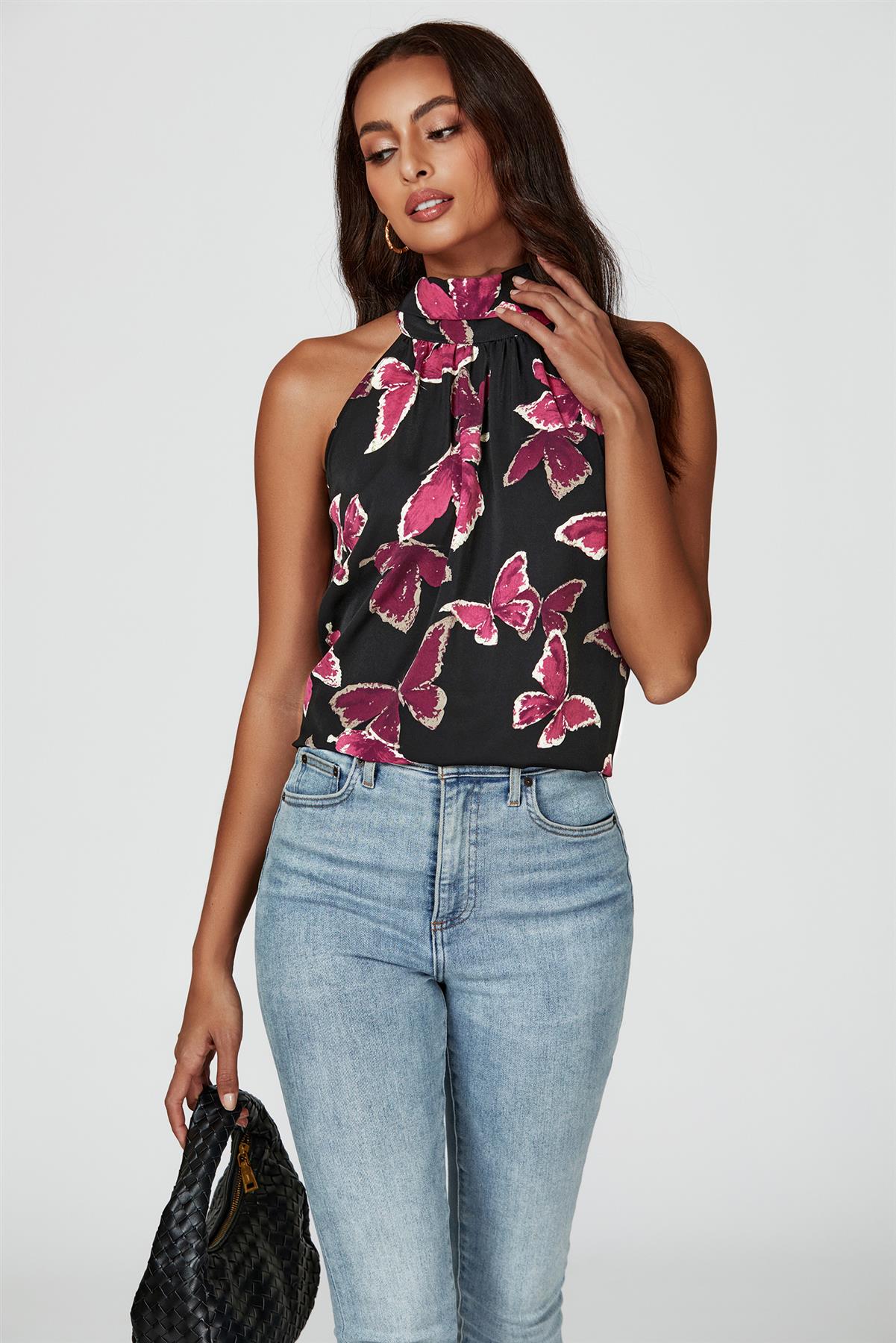 Butterfly Print Halter Neck Tie Back Top In Black - AXON