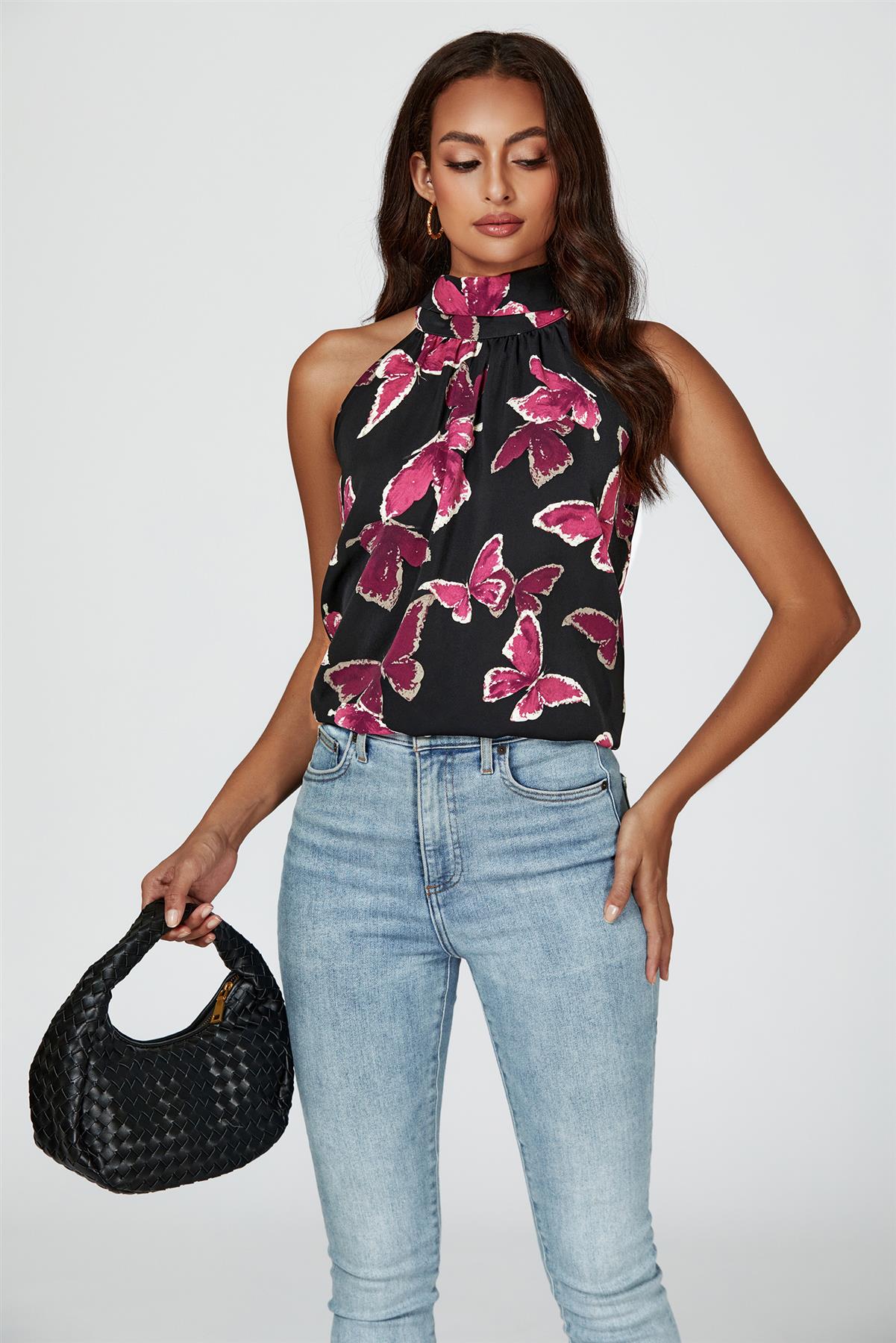 Butterfly Print Halter Neck Tie Back Top In Black - AXON