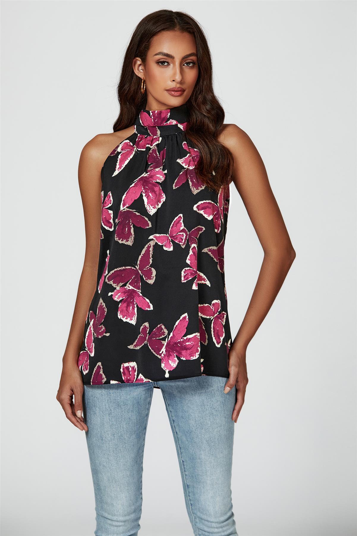 Butterfly Print Halter Neck Tie Back Top In Black - AXON