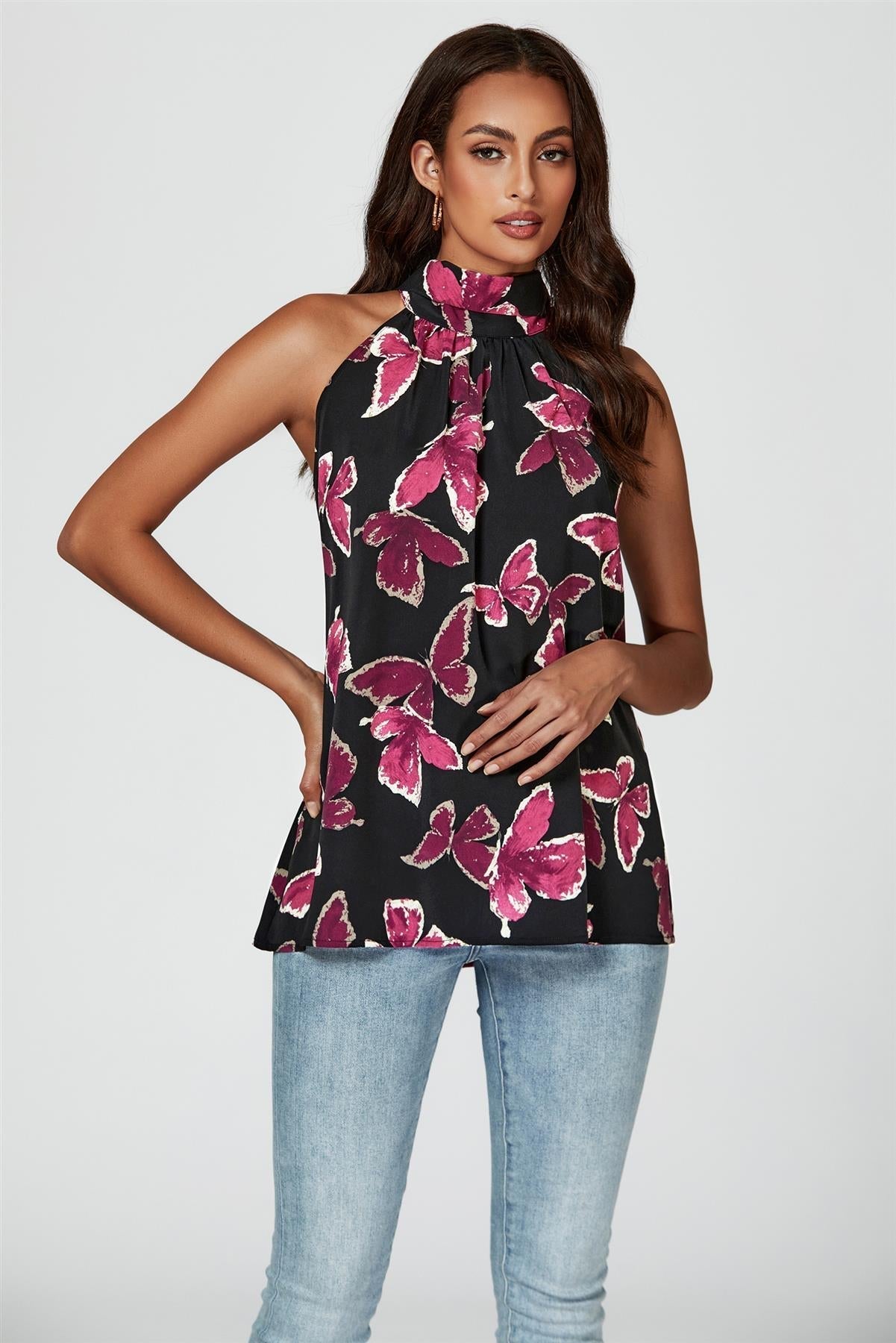 Butterfly Print Halter Neck Tie Back Top In Black - AXON