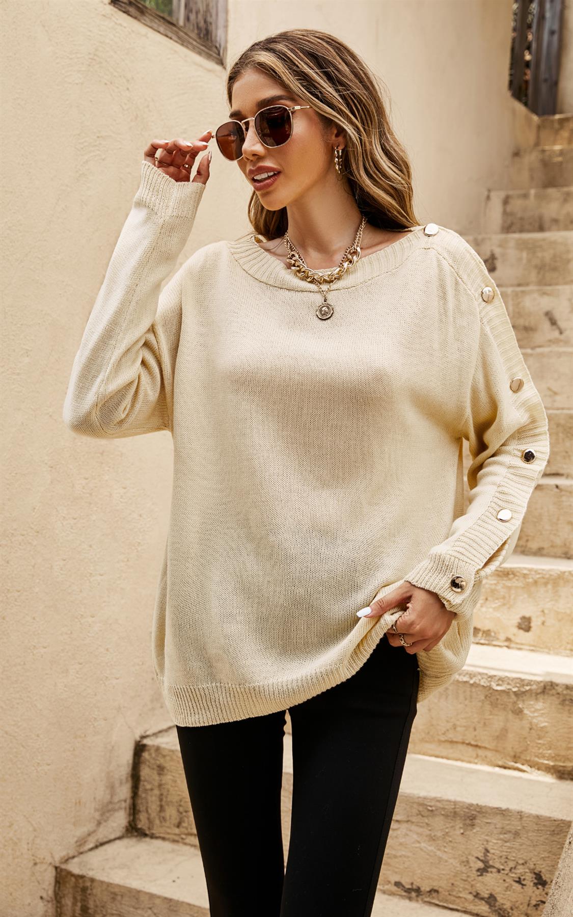 Button Detail Comfy Jumper Top In Beige - AXON
