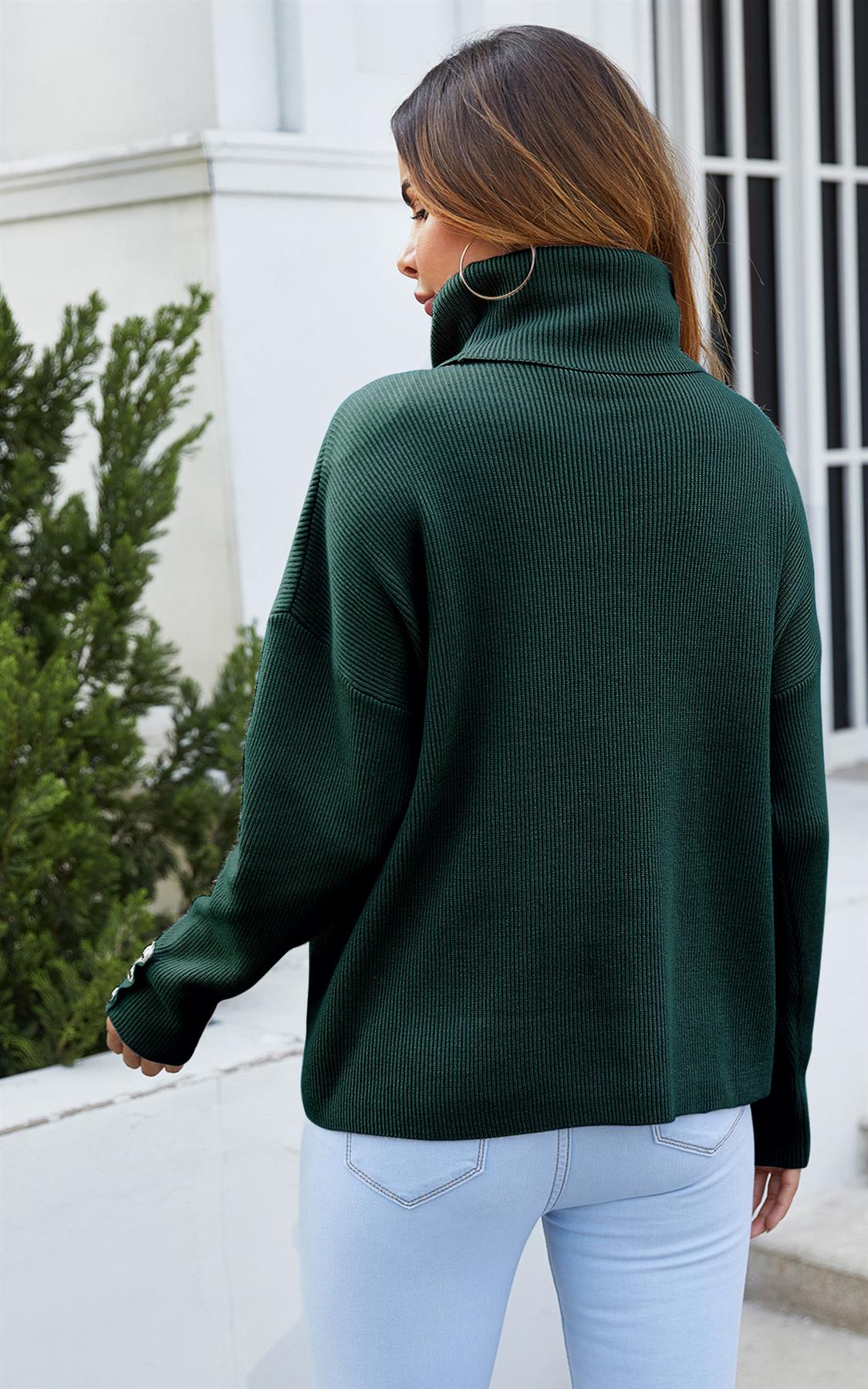 Button Detail On Sleeve Jumper Top With High Neck In Forest Green - AXON