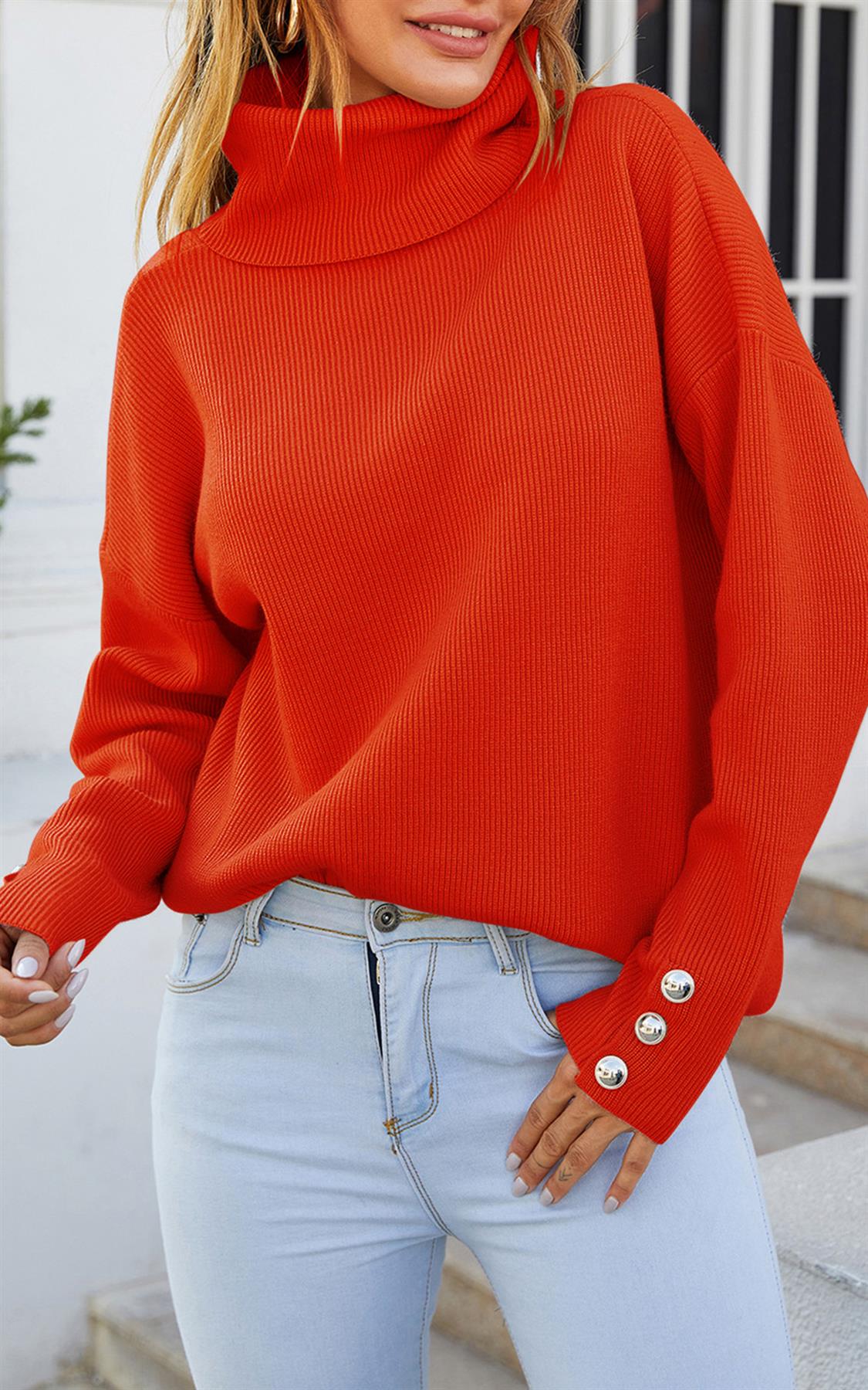 Button Detail On Sleeve Jumper Top With High Neck In Orange Red - AXON