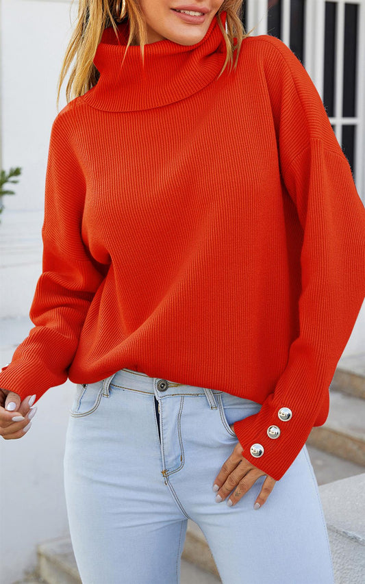 Button Detail On Sleeve Jumper Top With High Neck In Orange Red - AXON