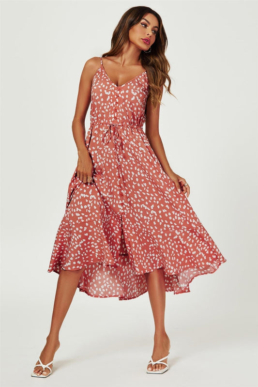 Button Down High Low Strappy Dress In Dusty Red - AXON