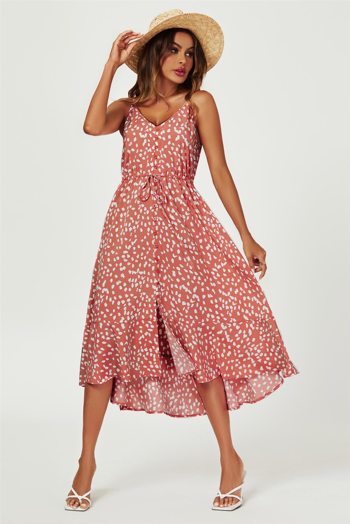 Button Down High Low Strappy Dress In Dusty Red - AXON