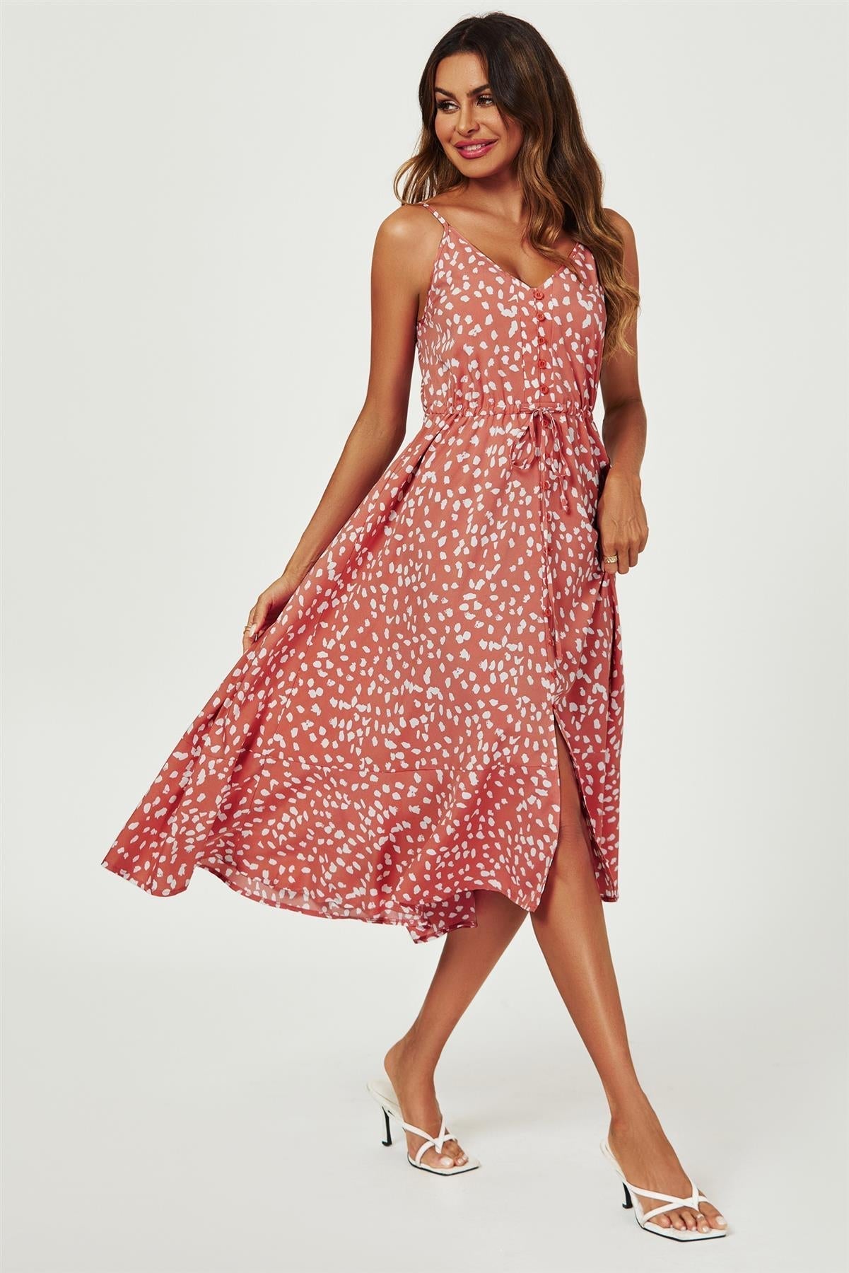 Button Down High Low Strappy Dress In Dusty Red - AXON