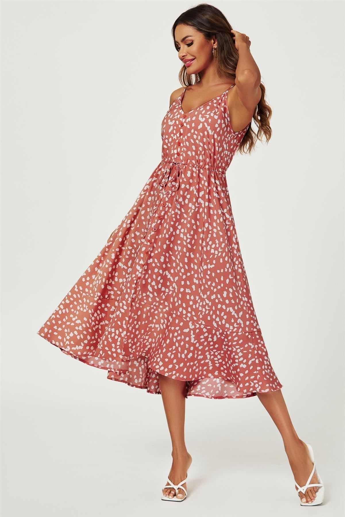 Button Down High Low Strappy Dress In Dusty Red - AXON