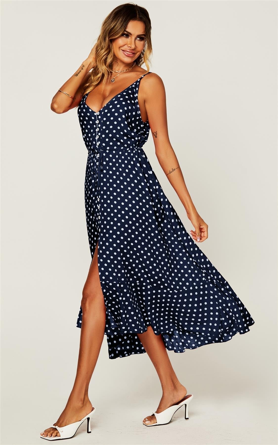 Button Down High Low Strappy Dress In Navy & White Polka Dot - AXON