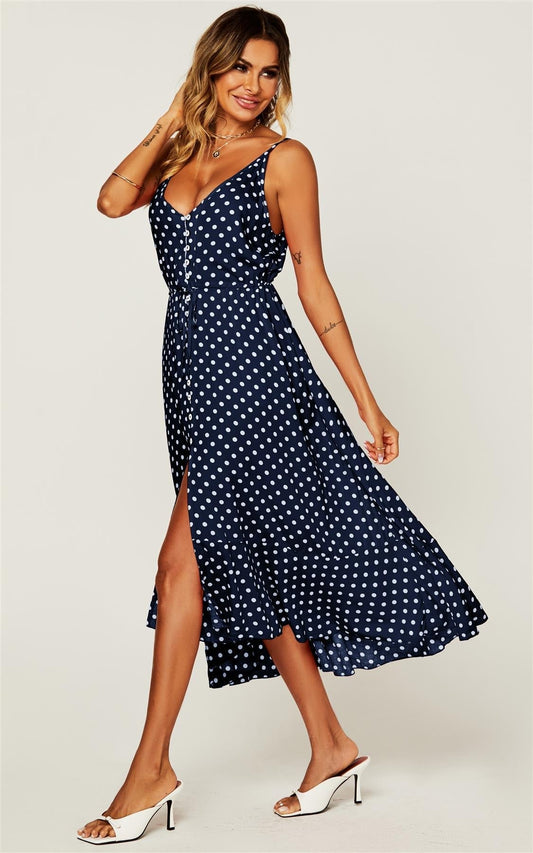 Button Down High Low Strappy Dress In Navy & White Polka Dot - AXON