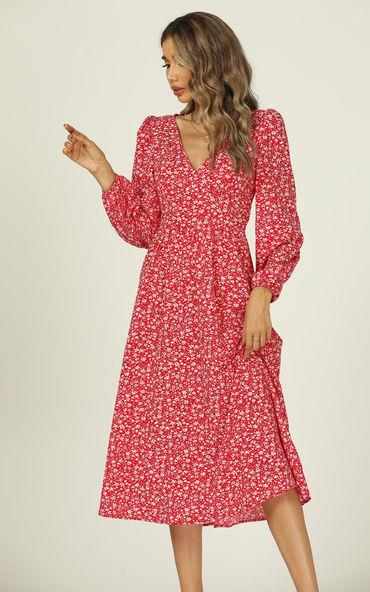 Button Down V Neck Long Sleeve Midi Dress In Red Floral Print - AXON