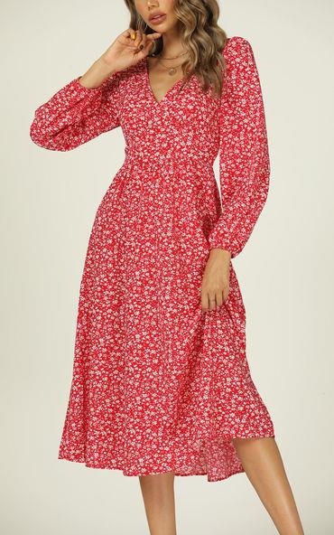 Button Down V Neck Long Sleeve Midi Dress In Red Floral Print - AXON