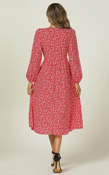 Button Down V Neck Long Sleeve Midi Dress In Red Floral Print - AXON