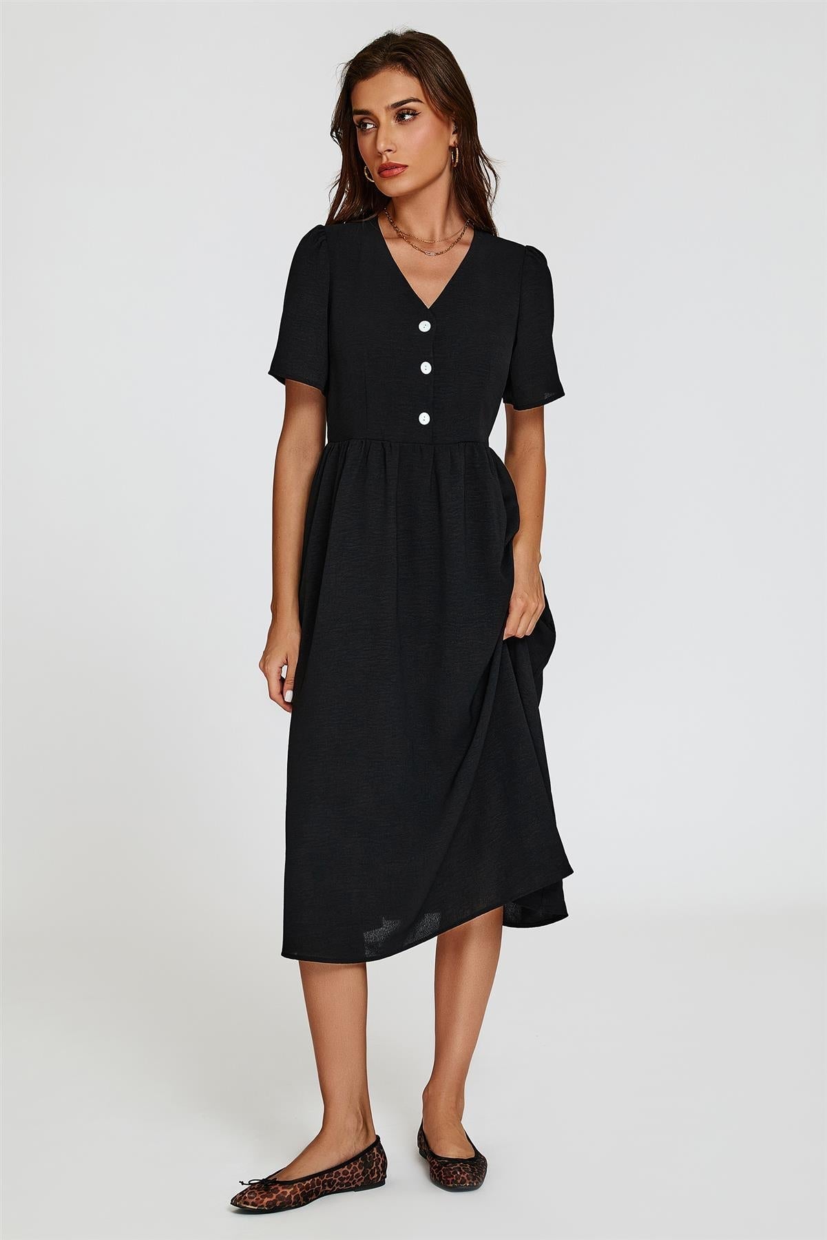 Button Front Midi Dress In Black - AXON
