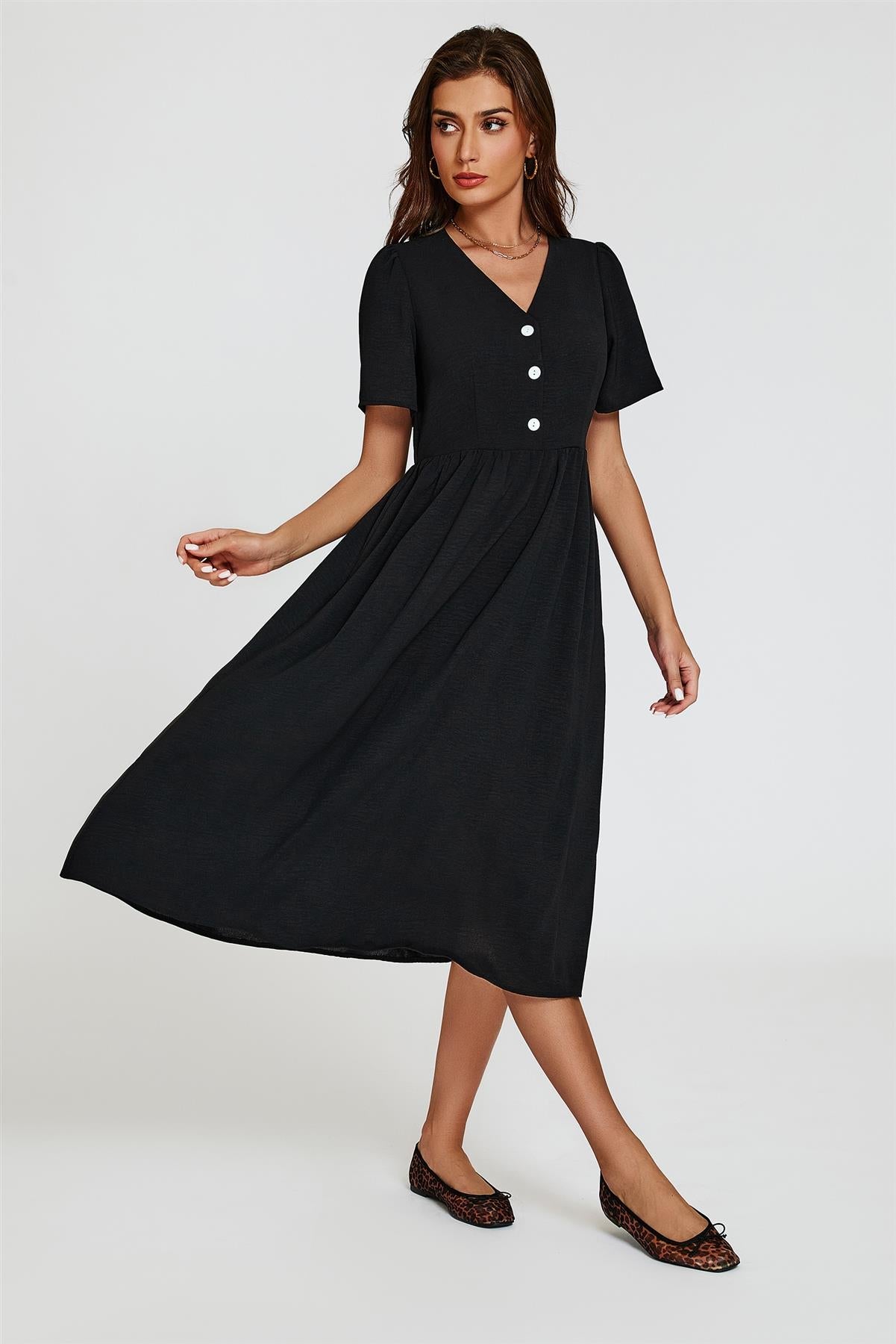 Button Front Midi Dress In Black - AXON