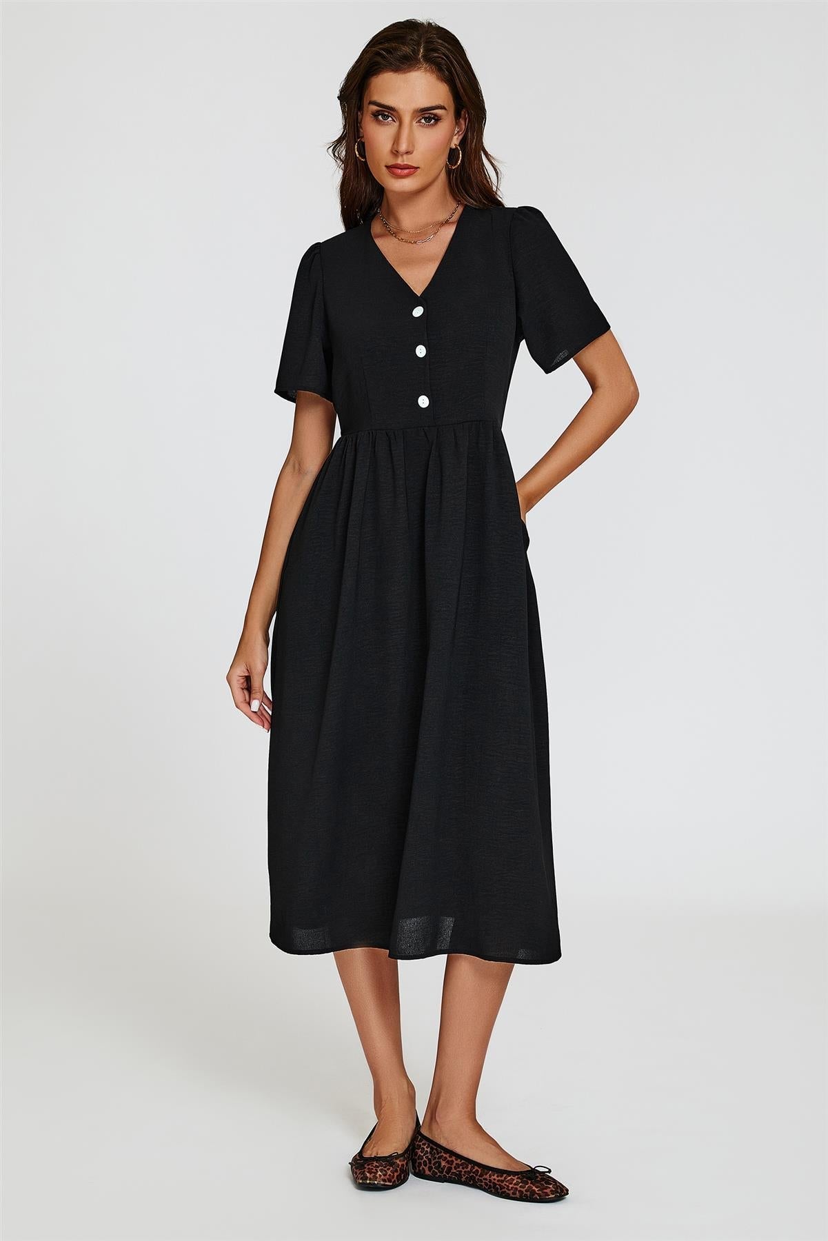 Button Front Midi Dress In Black - AXON