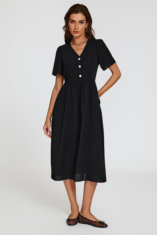 Button Front Midi Dress In Black - AXON