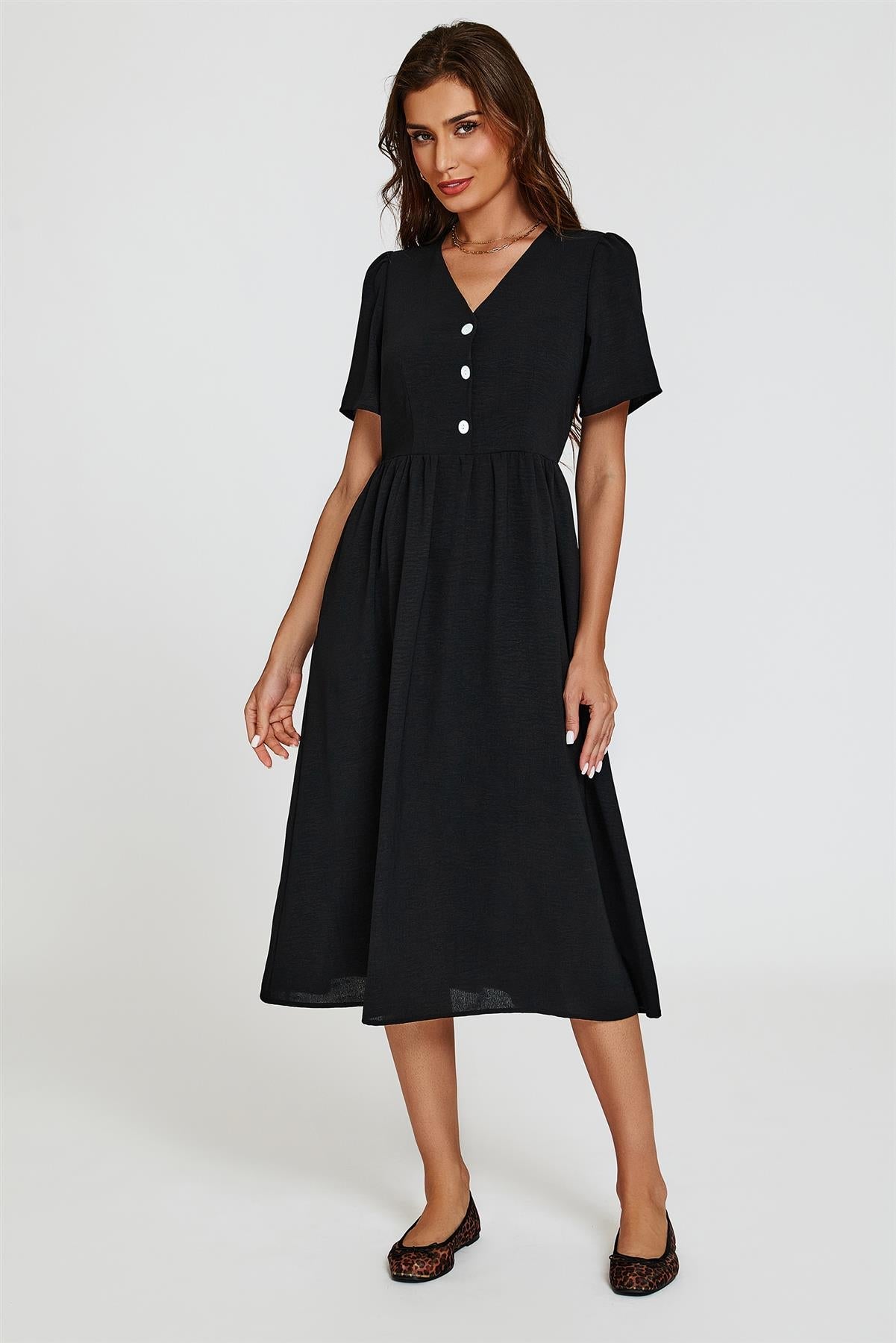 Button Front Midi Dress In Black - AXON